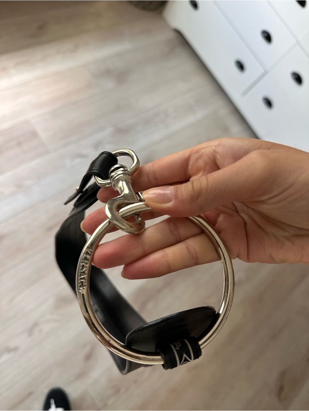 Versace Black Leather Strap Keyring with Silver-Tone Ring